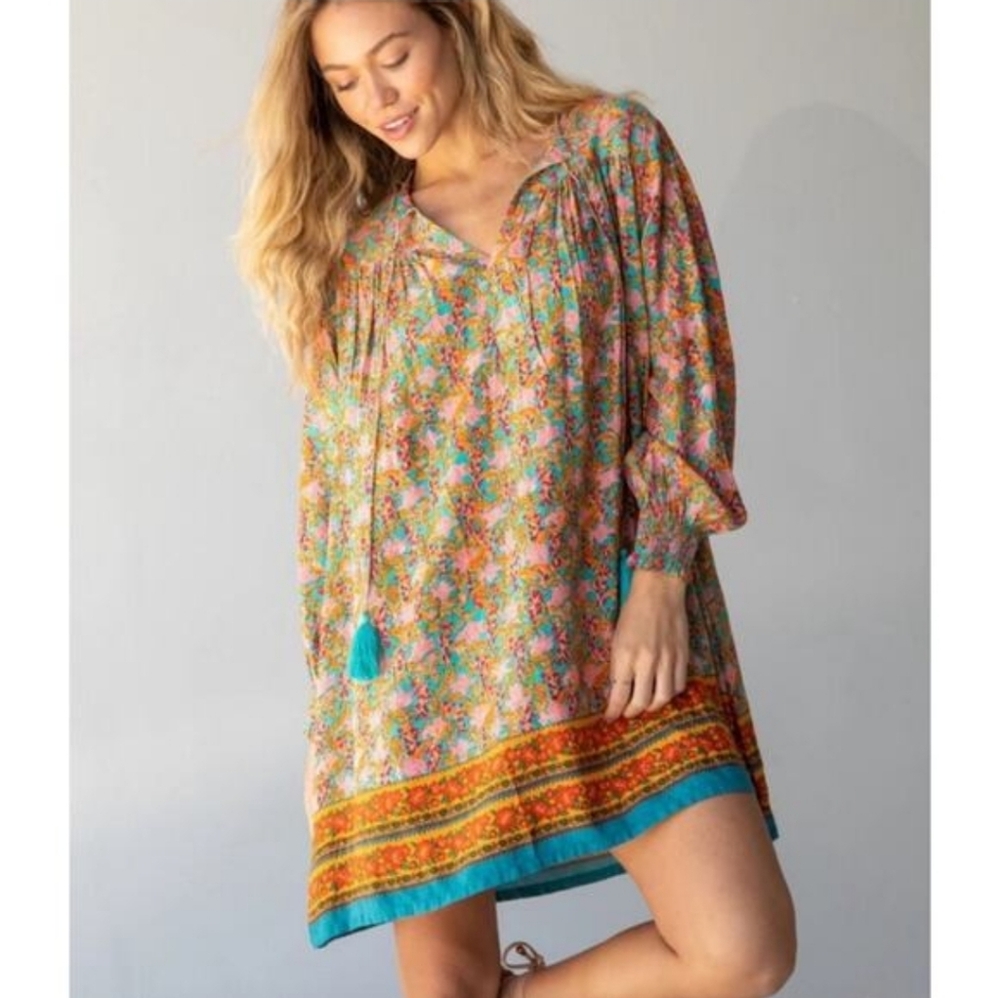 NATURAL LIFE Floral Boho Tunic Dress with Turquoise Trim - Picture 2 of 7